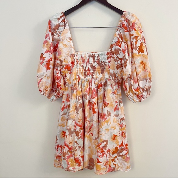 Abercrombie & Fitch Puff Sleeve Mini Dress Orange/Red Watercolor Floral Size XS - Picture 6 of 10